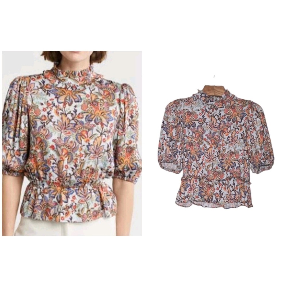 T Tahari Peplum Top Womens Size Medium Floral Ruffled Mock Neck Balloon Sleeves